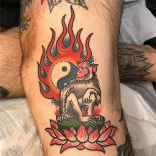 Tattoo by Saltywalt #Saltywalt #YinYangtattoos #YinYang #Chino #Symbol # monkey #lotus #fire #color #traditional