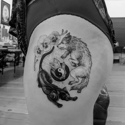 Tattoo by Alexandyr Valentine #AlexandyrValentine #YinYangtattoos #YinYang #Chinese #symbol #orchid #wolf #panther #crystals #gems #illustrative #blackandgrey