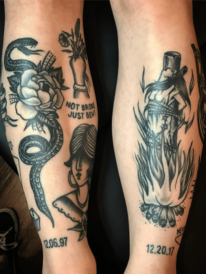 Tattoo by Steve Zimovan #blackwork #blackworktattoo #legsleeve #witch #snake #brightandbold #traditional #traditionaltattoo #ashevillenc #ashevilletattoos 