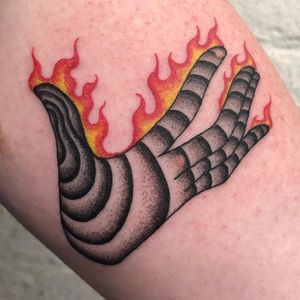 Tattoo by Mike Elmo aka dadstabs #MikeElmo #dadstabs #firetattoos #fire #flame #burning #element #illustrative #hand #dotwork #surreal #strange