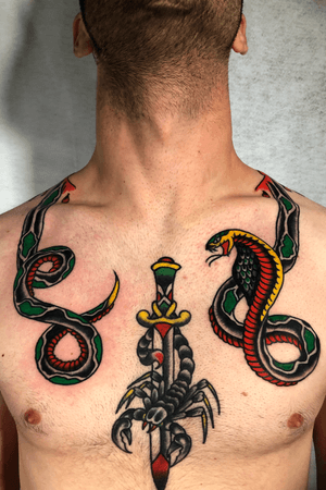 #traditional #snake #cobra #dagger #scorpion #color #fresno #clovis #highclasstattoo 