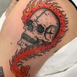 Tattoo by Gianluca Artico #GianlucaArtico #firetattoos #fire #flame #burning #element #color #traditional #skull #death #questionmark