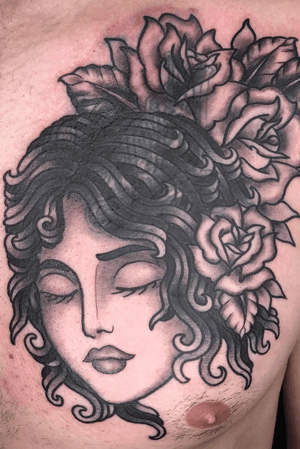 Cover up. Traditional girl head. Roses