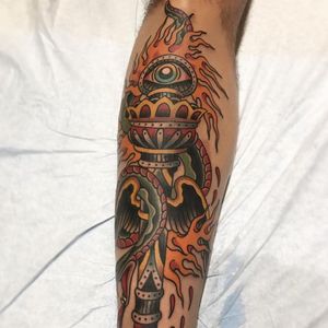 Tattoo by Matt Cannon #MattCannon #firetattoos #fire #flame #burning #element #color #traditional #eye #torch #snake #reptile #blood