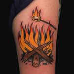 Tattoo by Alex Zampirri #AlexZampirri #firetattoos #fire #flame #burning #element #color #traditional #campfire #marshmallow #camping