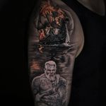 Tattoo by Stefano Alcantara #StefanoAlcantara #firetattoos #fire #flame #burning #element #viking #boat #ship #dragon #realism #realistic #photorealism #water #reflection #blackandgrey