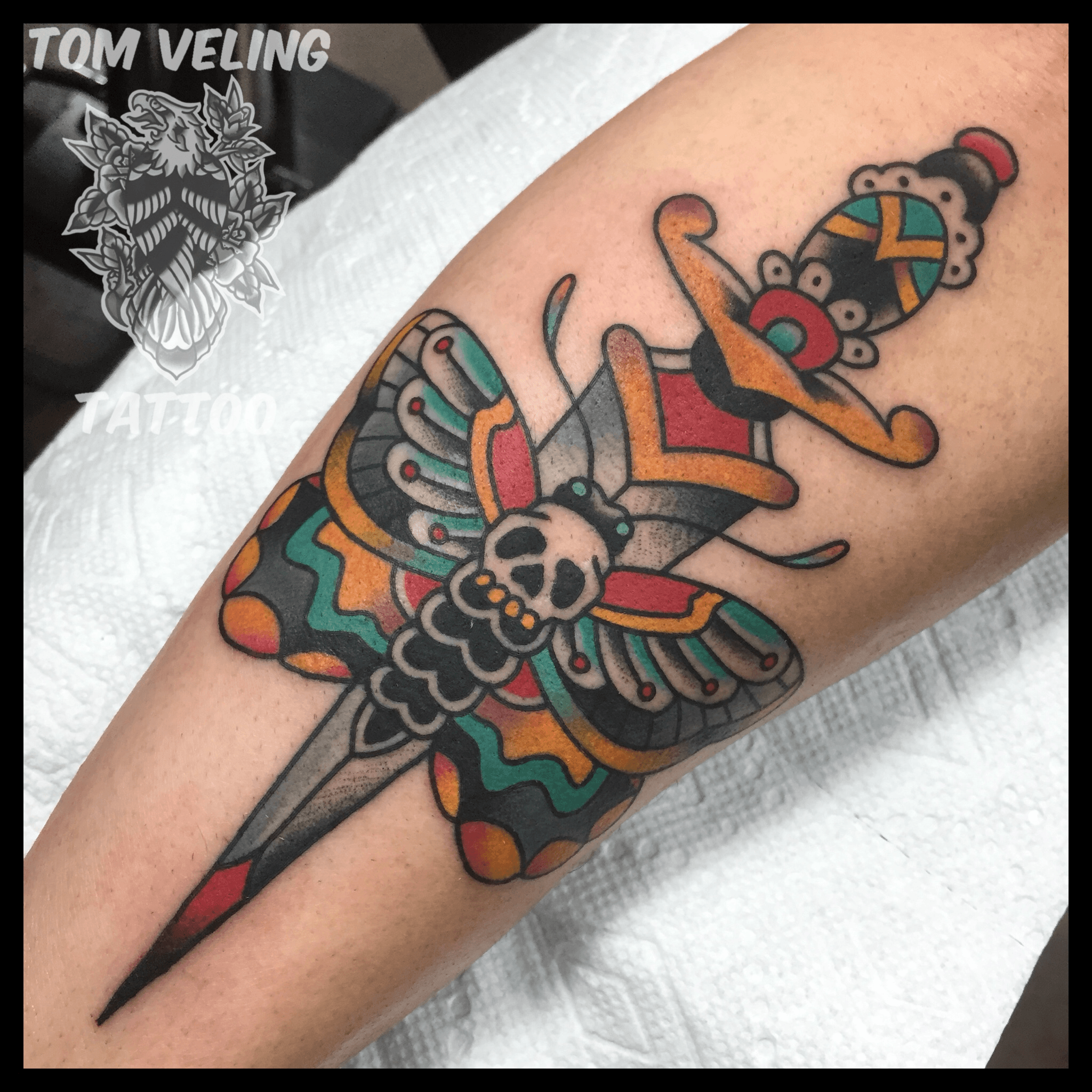 Tattoo uploaded by Tom Veling • #portsidetattoo #portsidetattoosd #americantraditional #radtrad #traditionaltattoo #traditional #sandiego #deathmoth #moth #dagger #skull • Tattoodo