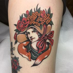 Tattoo by Tiago De Oliveira #TiagoDeOliveira #foxtattoos #fox #animal #nature #ladyhead #portrait #lady #hat #flower #floral #rose #traditional #color