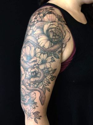 Snake & Blossom Tattoo #snaketattoo #flowertattoo #blackandgrey #halfsleeve