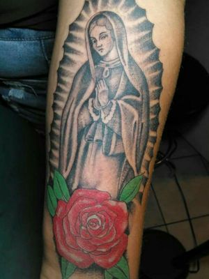 Virgin de Guadalupe with rose tattoo