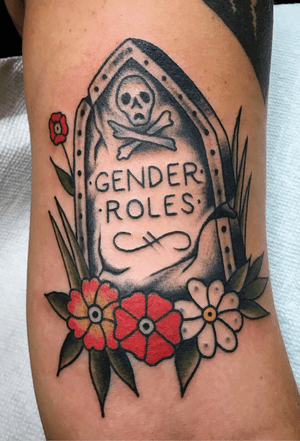 Tattoo by Steve Zimovan #Tombstone #equality #traditional #flower #brightandbold #traditional #traditionaltattoo #ashevillenc #ashevilletattoos 