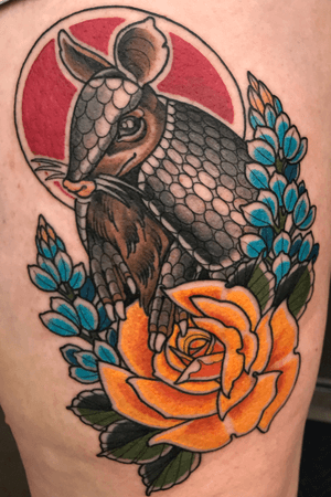 Texas themed armadillo and flowers. For appointments email:Tattoosbyaustin115@gmail.com