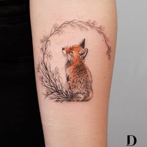 Tattoo by Deborah Genchi #DeborahGenchi #debratist #foxtattoos #fox #animal #nature #cute #color #realism #realistic #illustrative #watercolor #floral #flower