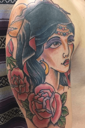 Gypsy girl cover up. #traditional #gypsy #rose #coverup #AmericanTraditional #BoldTattoos 