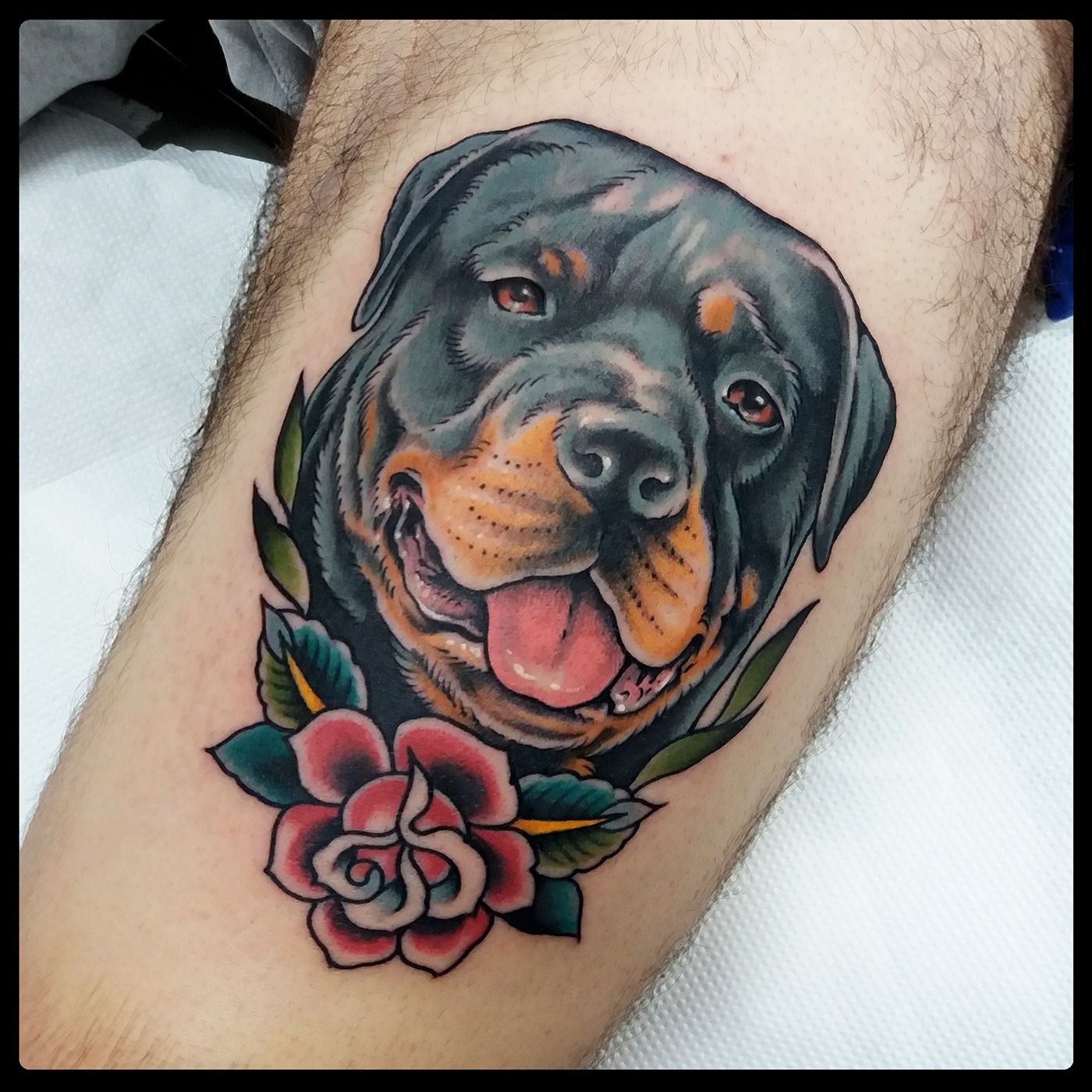 Traditional Dog Head With Rose Tattoo Design For Sleeve