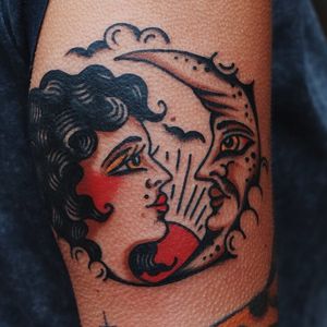 Tattoo by Liam Alvy #LiamAlvy #moontattoos #moon #nature #color #traditional #ladyhead #coinclouds #clouds