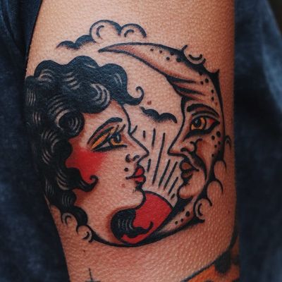 Tattoo by Liam Alvy #LiamAlvy #moontattoos #moon #nature #color #traditional #ladyhead #coinclouds #clouds