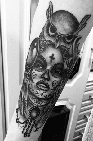 Day of the dead. Owl. Forearm piece. First tattoo. Female portrait.