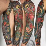 Japanese arm #japanesetattoo #japanese #raijin #dragon #irezumi #traditional #traditionaltattoo #color #romatattoo #sleeve #neotraditional #Tattoodo 