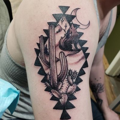 Simple desert tattoo #cayote #cactus #mountians #bishoprotary #blackandgrey #blackandgreytattoo
