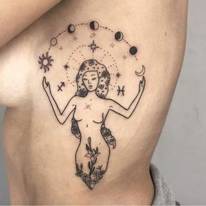 Tattoo by Emily Malice #EmilyMalice #moontattoos #moon #nature #linework #blackwork #flower #floral #sun #zodiac #lady #mooncycles