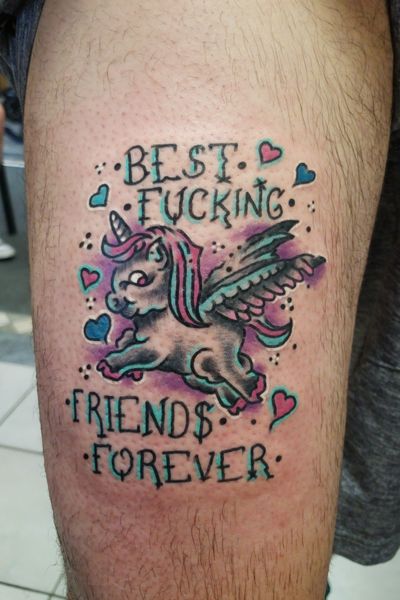 Best fucking friends forever #tattoosbyerock #artisticskindesigns #indiana #indianatattooer #midwesttattoo #indianapolis #colortattoo #boldtattoos #cleantattooseverytime #tradworkers #boldwillhold #cleanlinesmatter #tattoo #tattoos #tat2 #inked #naptown #indianaartists #indy #coryrogerstattoomachines #eternalinks #greengold #electrumstencilprimer #electrumsupply #kingpintattoosupply #bold #tattoosformen #tattoosforwoman #tattooed #unicorn #bestfriends