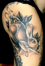 Rabbit / bunny thigh tattoo black & grey . For appointments email xkclangex@gmail.com