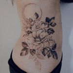 Tattoo by Zihwa #Zihwa #moontattoos #moon #nature #blackandgrey #illustrative #flower #peony #leaves #floral
