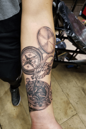 Black and Grey Compass & Pocket Watch Tattoos