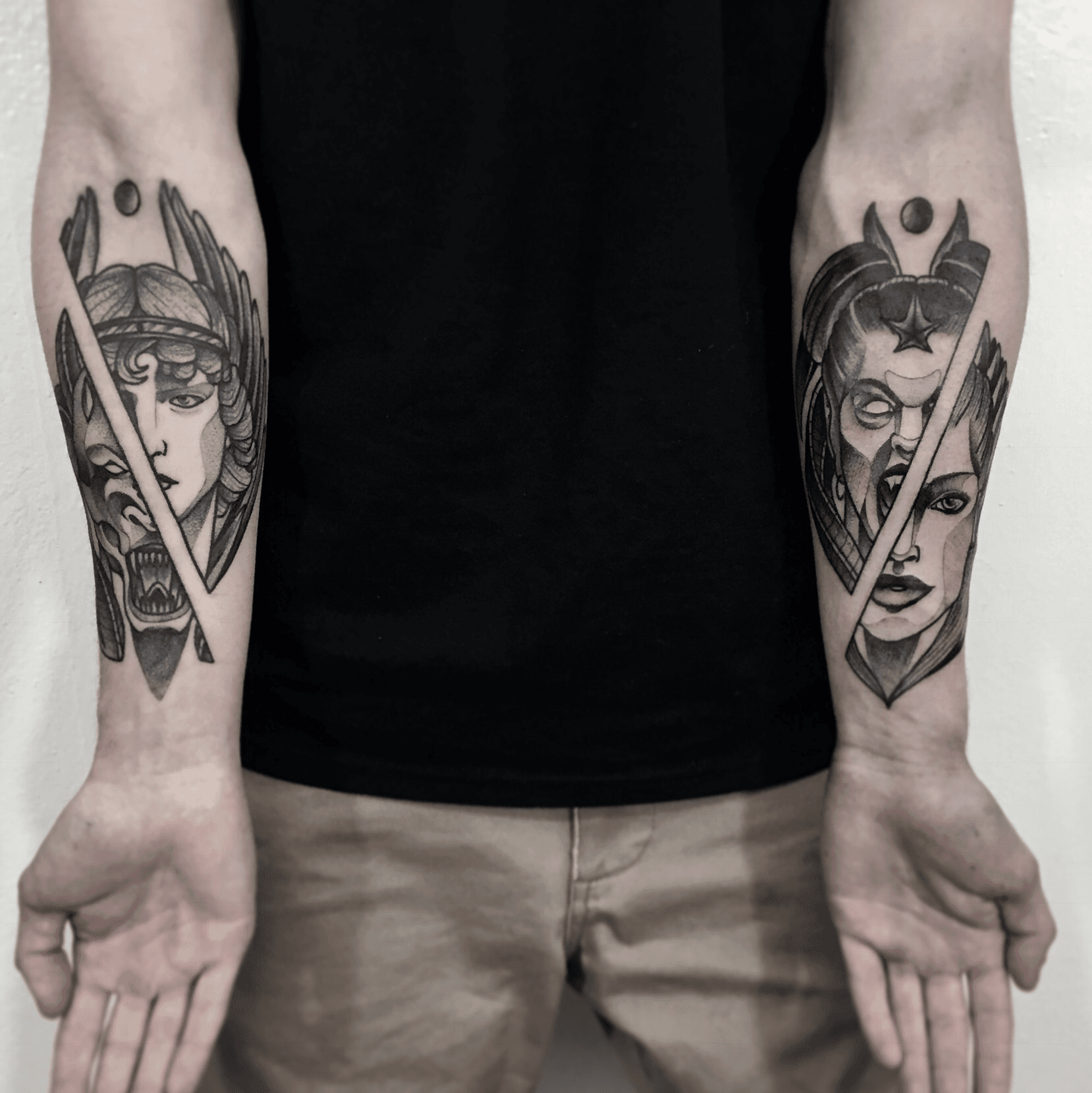Good vs Evil Double Forearm Tattoo