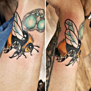 Bumble Bee tattoo on a womans forearm Helios needle cartridges and fusion ink