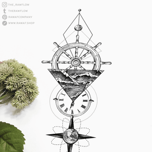 Stars will guide you! Full design, temporary tattoo, commissions: www.rawaf.shop or follow on Instagram or Tumblr for new designs. #dotwork #blackwork #geometric #nautical #sailor #travel #nature #compass #clock #galaxy #moon #black #blackandgrey 