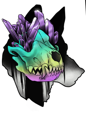 Neotraditional wolf skull and crystals 