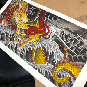 Golden dragon painting #goldendragon #japanesetattoo #irezumi #traditionalamerican #traditional #japanese #sandiego 