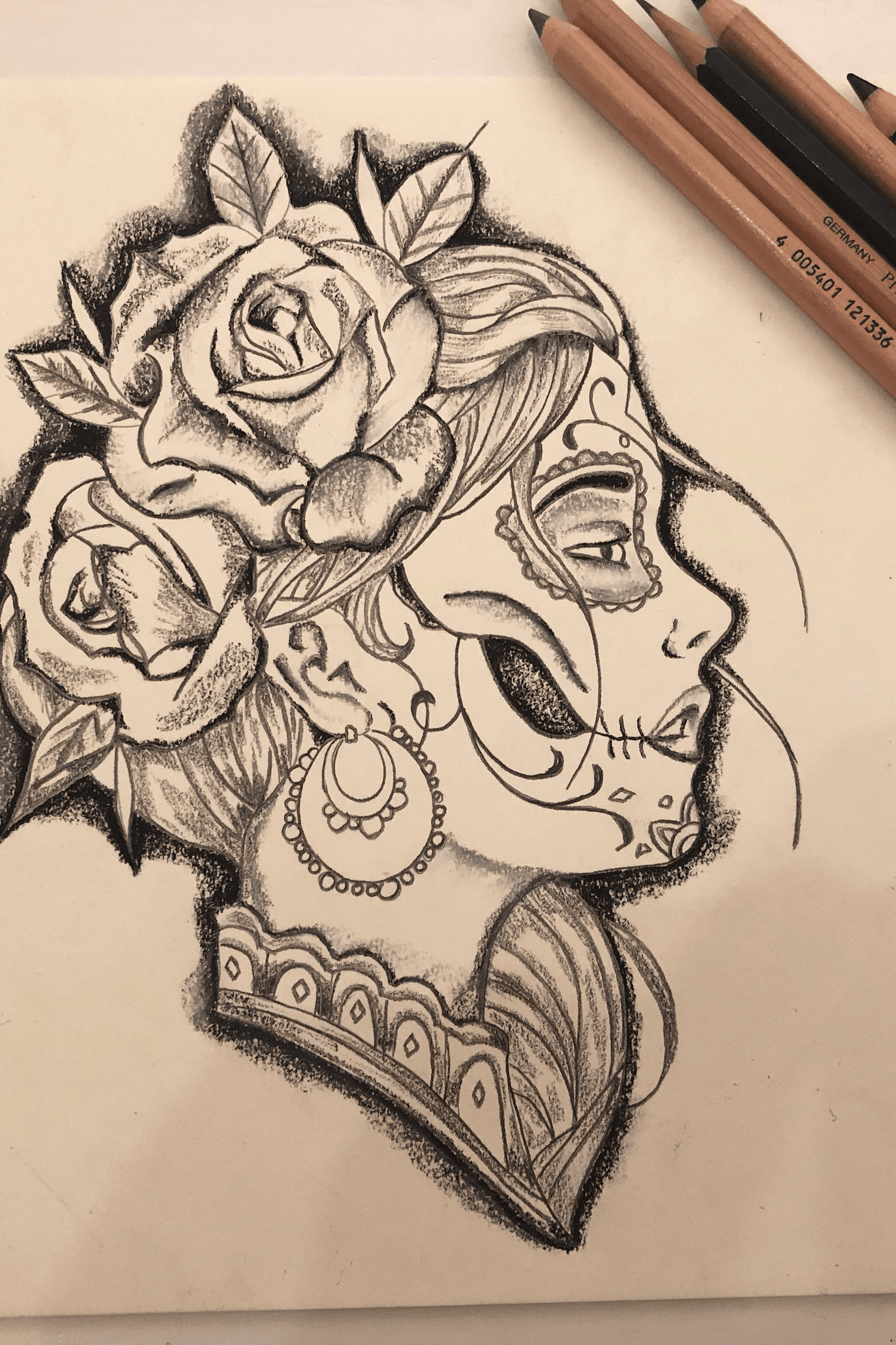 cool drawings of roses and skulls