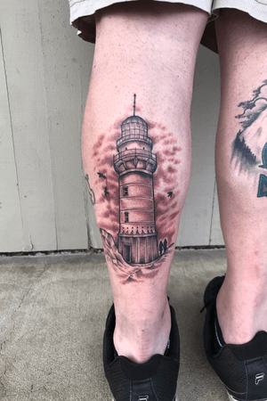 Lighthouse #lighthouse #tattooart #blackandgreytattoo #calftattoo 