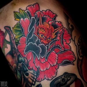 Tattoo by Mike Rubendall #MikeRubenall #tattoodoambassador #Japanese #Japanesetattoo #Irezumi #peony #flower #floral #hannya #color
