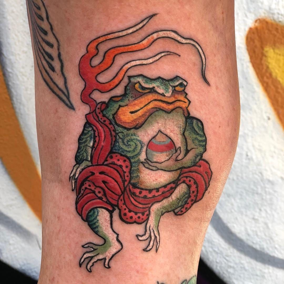Japanese style frog tattoo on the shin