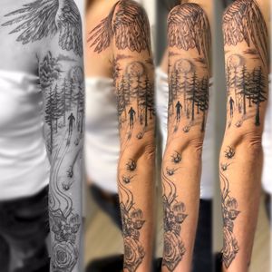 sleeve tattoo, rose, pepper flower, skiing, wings, black and grey tattoo