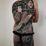 Tattoo by Lupo Horiokami #LupoHoriokami #tattoodoambassador #Japanese #Japanesetattoo #Irezumi #geisha #spiderweb #clouds #scroll #spider #calligraphy