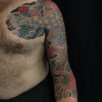 Tattoo by Chris Garver #ChrisGarver #tattoodoambassador #Japanese #Japanesetattoo #Irezumi #shishi #peony #waves #flower #floral #foodog