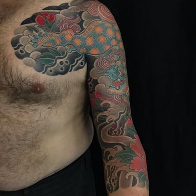 Tattoo by Chris Garver #ChrisGarver #tattoodoambassador #Japanese #Japanesetattoo #Irezumi #shishi #peony #waves #flower #floral #foodog