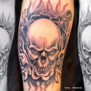 skull tattoo, custom design, black and grey