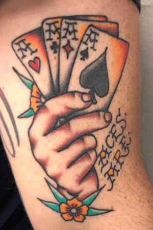 Aces Are... Playing Cards - Ruairidh Von Linden #aces #beanie #playingcards #flowers #script #traditional #traditionaltattoo 