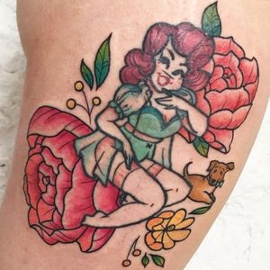 A pinup cartoon interpretation of my burlesque persona (Dottie Champagne) and my dog Duchess Mimosa de Champagne (Mimi). My first big full colour piece! Designed and tattooed by Genevieve FT during a guest spot at The Outcast Club.