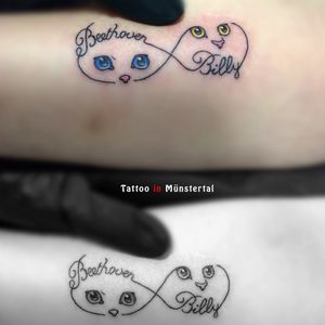 Mini Tattoo, eyes of cats, colored tattoo, lettering tattoo