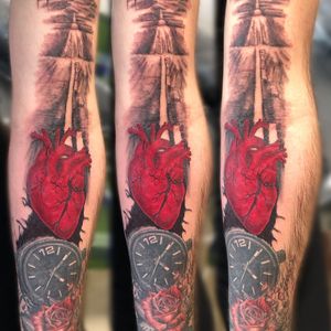 Custom design tattoo, rose, time, heart, road, work in progress, sleeve tattoo