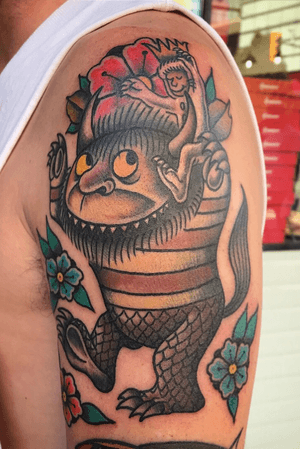 Where the wild things are traditional tattoo. #Traditional #neotraditional #neotrad #trad #colour #colourtattoo #tattoos #canada #vancouver #vancouvertattooartists #whipshading #blackwork 