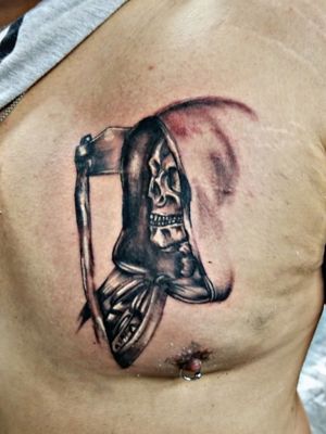 Grim Reaper on chest Start of a sleeve Fusion Grey Wash set Helios needle cartridges 