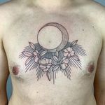 Tattoo by Evan Paul English #EvanPaulEnglish #besttattoos #best #blackandgrey #linework #dotwork #fineline #moon #chestpiece #chesttattoo #flower #floral #magnolia #illustrative
